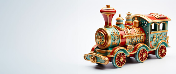 Elaborate toy train with turquoise and gold accents, displaying rich patterns on a pristine backdrop.