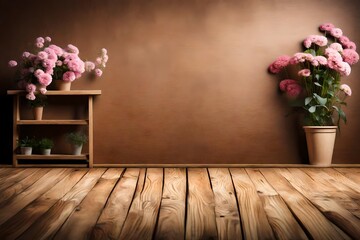 Wooden floor with flowers and a wooden shelf free space