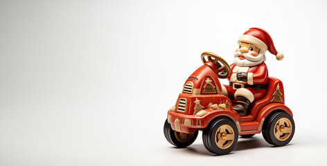 Santa Claus driving a vintage toy car, intricately designed with festive colors, displayed on white.