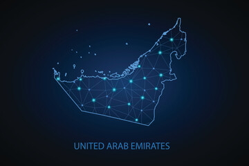 Obraz premium Map of United Arab Emirates. Wire frame 3D mesh polygonal network line, design sphere, dot and structure. communications map of United Arab Emirates. Vector Illustration EPS10.