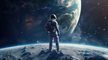 astronaut on the moon with earth background - obrazy, fototapety, plakaty