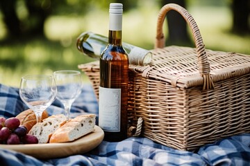 Picnic basket with fruit and vegetables on a blanket in the park. Wine and wineglasses. Summer picnic with fresh fruits and croissants in the garden. Selectiv focus.