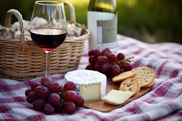 Picnic basket with fruit and vegetables on a blanket in the park. Wine and wineglasses. Summer picnic with fresh fruits and croissants in the garden. Selectiv focus.