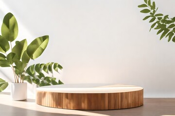 Realistic 3D render background for products overlay. Close up of a round empty teak wood table with sunlight and leaves shadow on white wall behind. Organic Beauty, Natural concept. Mock up, Podium.  