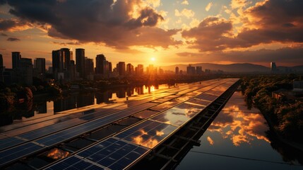 Obraz na płótnie Canvas Solar energy panels with city twilight. Generative AI