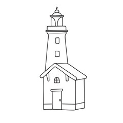 Lighthouse in doodle style isolated on white background. Vector illustration.