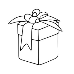 Present box in doodle style. Hand drawn gift box outline. Vector illustration for holiday decor.