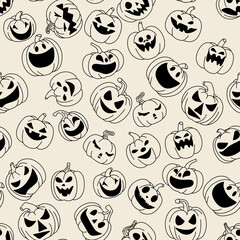 Fototapeta premium Seamless Halloween pattern in doodle style. Jack O Lantern seamless pattern. Background with Halloween pumpkin. Hand drawn vector illustration. 