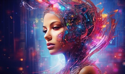 Photo of a vibrant digital painting capturing the essence of a woman's head illuminated by colorful lights