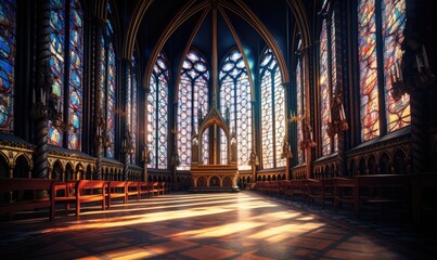 Photo of a beautiful church interior with colorful stained glass windows and rows of pews