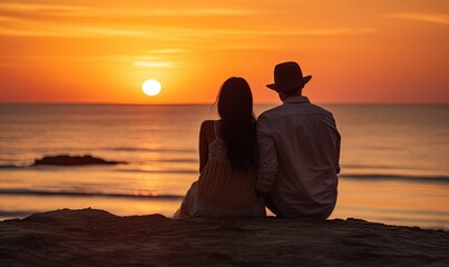 Photo of a couple enjoying a romantic sunset on the beach