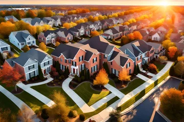 Foto auf Acrylglas Vereinigte Staaten Aerial sunset panorama view of luxury upscale residential neighborhood gated community street in Maryland USA, American real estate with single family homes brick facade colorful sky 3d render