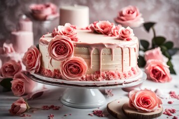 Vertical closeup shot of a beautiful three-layered cake with rose decorations