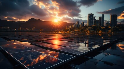 Obraz na płótnie Canvas Solar energy panels with city twilight. Generative AI