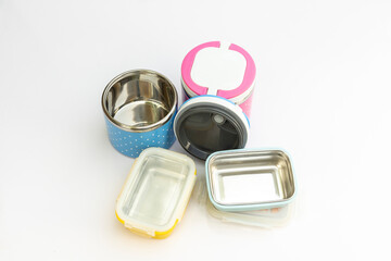 Empty plastic lunch boxes. Flat lay top view.