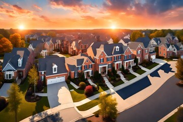 Aerial sunset panorama view of luxury upscale residential neighborhood gated community street in Maryland USA, American real estate with single family homes brick facade colorful sky 3d render