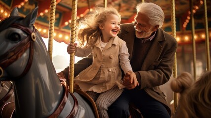 couple riding carousel grandfather and granddaughter playing