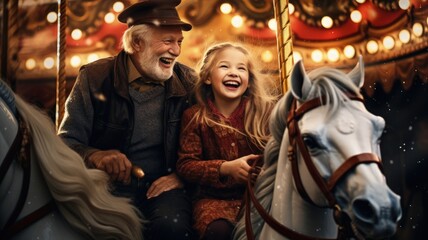Fototapeta na wymiar carousel with horses grandfather and granddaughter playing