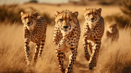 cheetahs in herd of the yellow savannah grass landscape animal  - obrazy, fototapety, plakaty