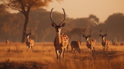 herd of impala on the savanna walking on yellow grass