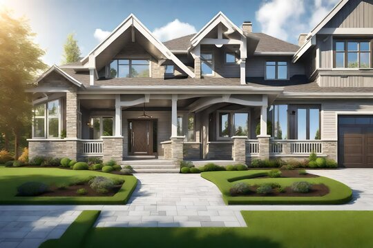 Beautiful exterior of newly built luxury home. Yard with green grass and walkway lead to ornately designed covered porch and front entrance. 3d rendering