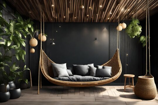 Black plank wall terrace 3d render,Decorate with rattan swing chair  3d rendering