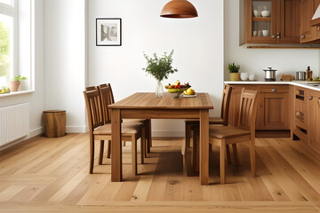 Wooden kitchen room with dining table and chairs, parquet floor - Powered by Adobe