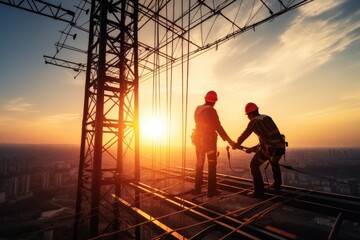 Silhouette workers construction the extension of high-voltage towers on blurred light city background in industry big. Generative AI