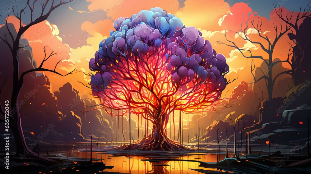 Poster abstract colorful tree with leaves in the shape of a human brain. creativity concept. ai generated