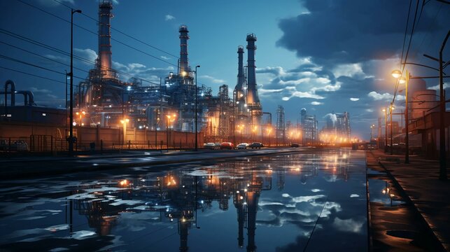 Industrial oil refinery petrochemical chemical plant with equipment and tall pipes at night. AI generated