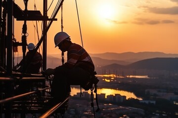 Silhouette workers construction the extension of high-voltage towers on blurred light city background in industry big. Generative AI