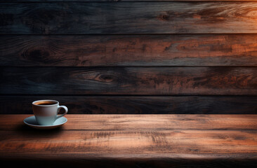 Fototapeta na wymiar Coffee cup on wooden table in front of wooden wall. created by generative AI technology.