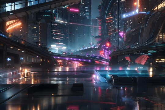 cyberpunk futuristic city street with neon light glow. 4k wallpaper background. Abstract illustration.