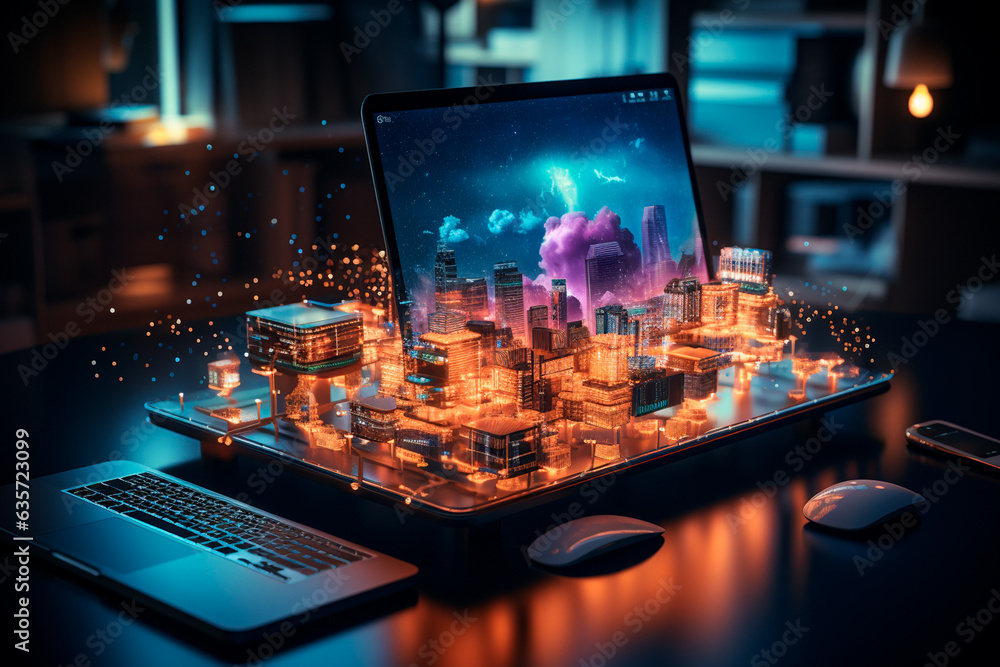 Poster computer with a creative graphic design on the table