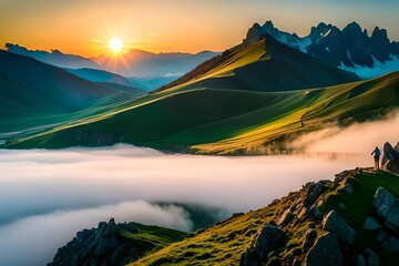 beautiful mountain peaks and lake in mountain and fog at sun generated by AI tool                               
