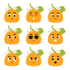 Set kawaii pumpkins with different emotion. Cartoon vegetable mascot character