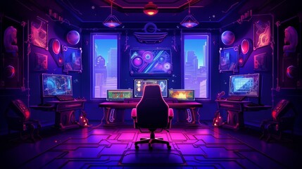 An illustration of a gaming room with neon lights and furniture AI Generated - obrazy, fototapety, plakaty