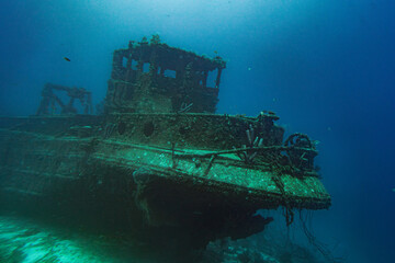Sunken ship in deep waters of Caribbean sea near Aruba