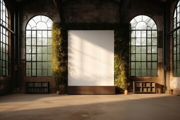 A large canvas mockup standing adorned with green plants, basking in streaming sunlight in an unused loft. Photorealistic illustration, Generative AI