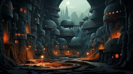 An illustration of a futuristic underground city with buildings at night AI Generated - obrazy, fototapety, plakaty