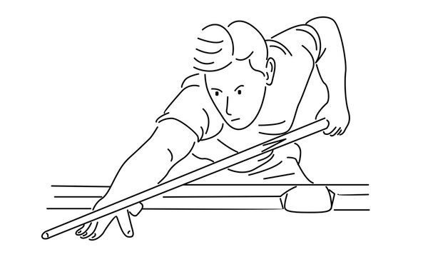 billiards player aiming shot, black and white clip art preview