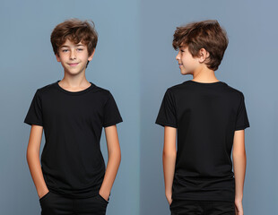 Front and back views of a little boy wearing a black T-shirt