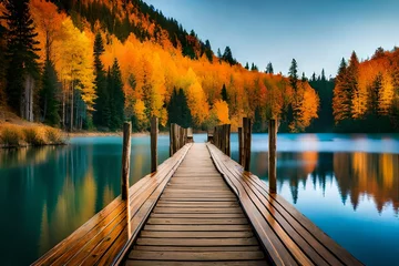 Fotobehang Wooden dock on autumn lake © Pretty Panda