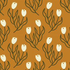 Tulips seamless pattern with spring blooming garden flowers hand drawn with contour lines on brown
background. Cute Hand Drawn Seamless Vector Pattern with Simple Tulips. Folk nordic style art. 