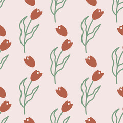 Cute Hand Drawn Seamless Vector Pattern with Simple Red Tulips. Lovely Childish Style Floral Print. Abstract Garden with Red Flowers on a Pink Background ideal for Fabric, Textile.