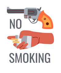 No smoking concept. No smoking banner decorated gun and hand with pack of cigarettes.