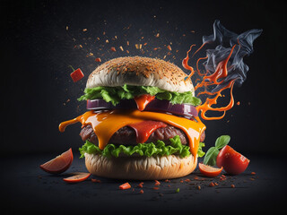 Juicy beef Burger on a wooden board isolated on black background