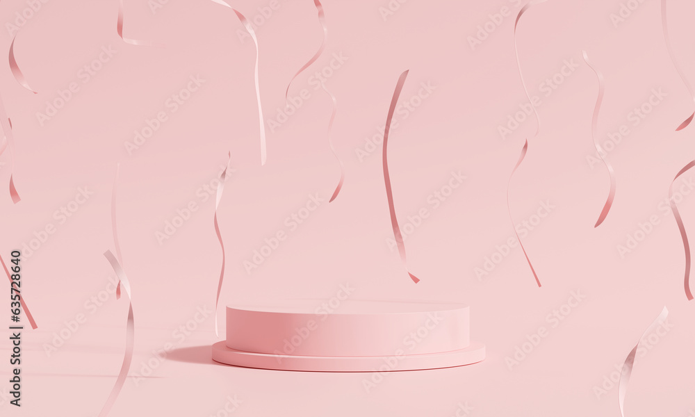 Poster product display podium with falling ribbon on pink background.3d rendering