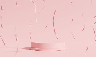 Product display podium with falling ribbon on pink background.3D rendering
