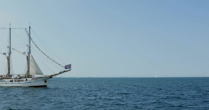 Sailing ship, Baltic Sea, Hanse Sail, Warnemuende, Rostock, Mecklenburg-Western Pomerania, Germany Beacon at the mouth of the Warnow River